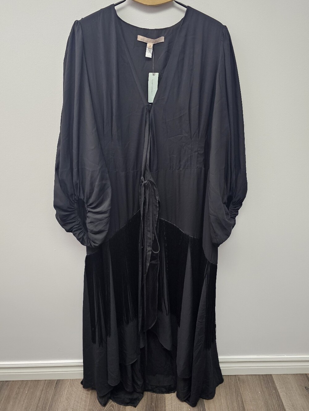 Women's Black Fringe Maxi Dress with Tie Front